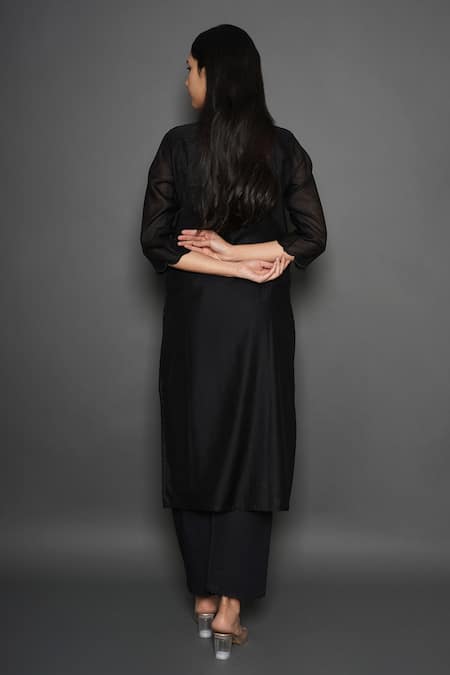 Shop Kameez Black Chanderi, Cotton, Kota Doria Embroidery, Olive Branch Print Kurta Pant Set at Aza Fashions Shop_Kameez_Black Chanderi, Cotton, Kota Doria Embroidery, Olive Branch Print Kurta Pant Set _at_Aza_Fashions