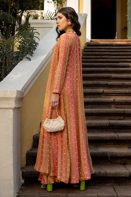 Paulmi And Harsh Vintage Floral Striped Pattern Jacket Palazzo Set 