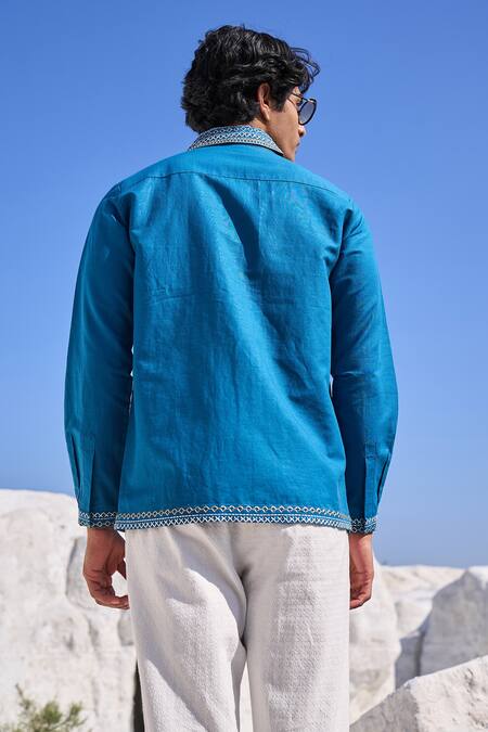 Shop_Dash and Dot_Blue 100% Organic Cotton Embroidery Cross Stitch Placket Shirt _at_Aza_Fashions