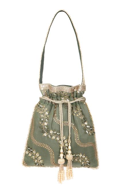 Shop Fuchsia by aashaka mehta Green Embroidery Dreams Silk Potli Bag at Aza Fashions Shop_Fuchsia by aashaka mehta_Green Embroidery Dreams Silk Potli Bag_at_Aza_Fashions