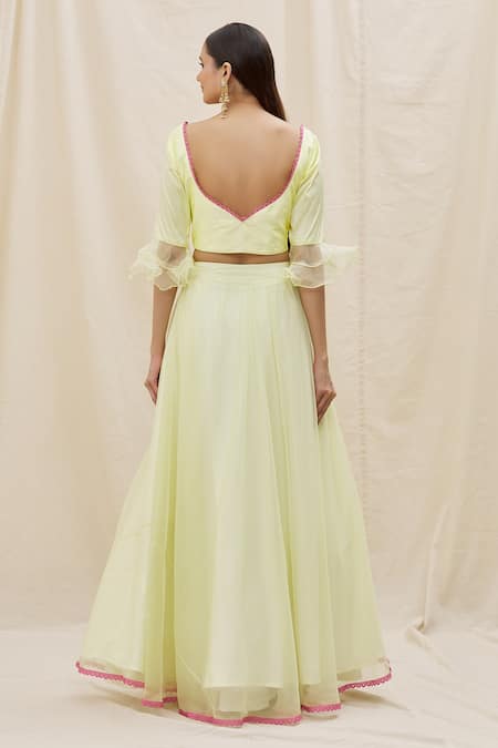 Shop Naintara Bajaj Yellow Taffeta, Organza Sweetheart Neck Flared Lehenga Set at Aza Fashions Shop_Naintara Bajaj_Yellow Taffeta, Organza Sweetheart Neck Flared Lehenga Set _at_Aza_Fashions