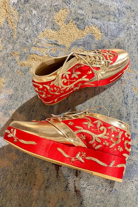 Shop_Tiesta_Red Begum Embellished Sneaker Wedges _at_Aza_Fashions