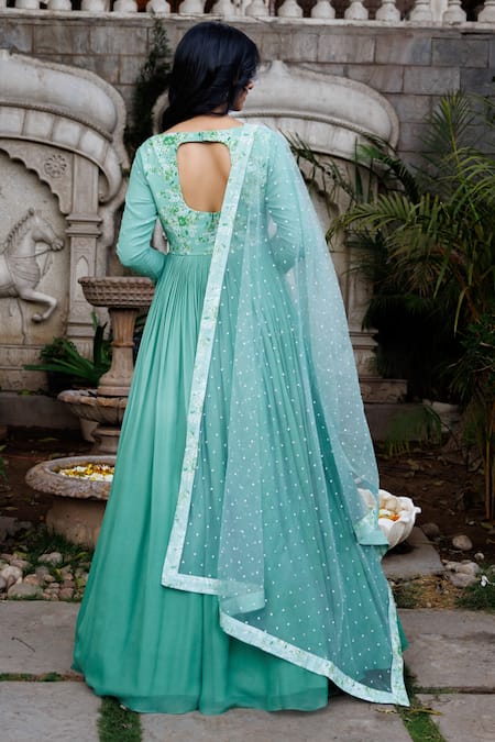 Shop Suruchi Parakh Green Georgette, Net Beads, Sequins Ombre Anarkali With Embroidered Dupatta at Aza Fashions Shop_Suruchi Parakh_Green Georgette, Net Beads, Sequins Ombre Anarkali With Embroidered Dupatta _at_Aza_Fashions