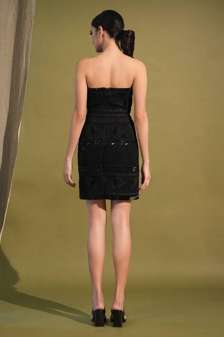Shop_Nikita Mhaisalkar_Black Lace Embroidery Bandeau Neck Cosmic Thread Embellished Tube Dress _at_Aza_Fashions