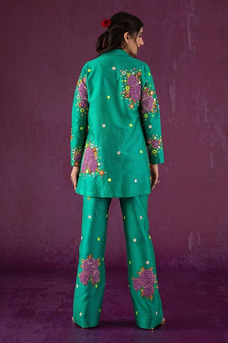 Shop Kacha Tanka Green Dupion Art Silk Floral, Mirror Rose Pattern And Embroidered Blazer Pant Set at Aza Fashions Shop_Kacha Tanka_Green Dupion Art Silk Floral, Mirror Rose Pattern And Embroidered Blazer Pant Set _at_Aza_Fashions