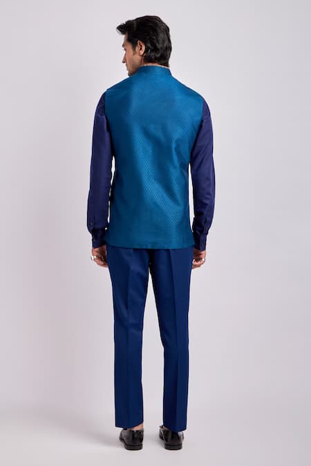 Shop Bubber Couture Blue Silk Sleeveless Trellis Pattern Nehru Jacket at Aza Fashions Shop_Bubber Couture_Blue Silk Sleeveless Trellis Pattern Nehru Jacket _at_Aza_Fashions