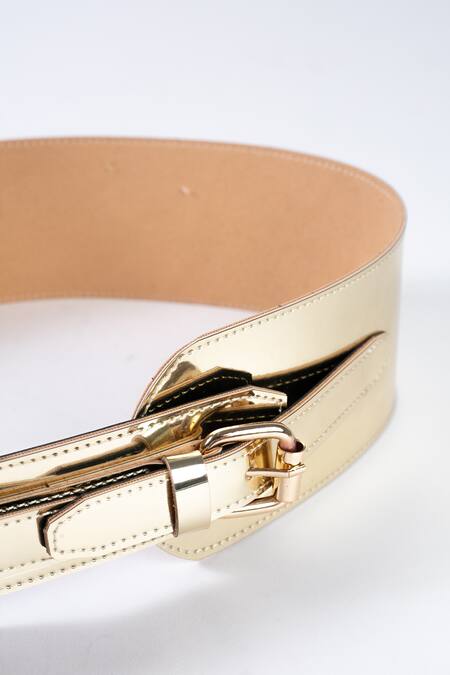 Shop_TROV_Gold Metallic Leather Belt _at_Aza_Fashions