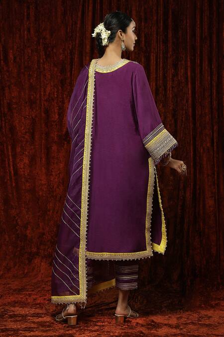 Shop Shikhar Sharma Purple Silk Chanderi Embroidered Pearl Round Neck Kurta Pant Set at Aza Fashions Shop_Shikhar Sharma_Purple Silk Chanderi Embroidered Pearl Round Neck Kurta Pant Set _at_Aza_Fashions
