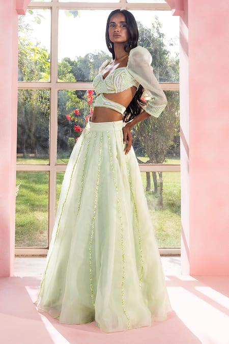 Shop_Saanjh By Lea_Green Organza Sequins Vanya Embellished Lehenga _at_Aza_Fashions