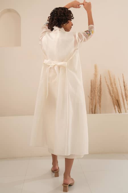Shop Arcvsh By Pallavi Singh Ivory Organza, Chanderi Embroidery Collared, Jacket With Stripe Pattern Dress at Aza Fashions Shop_Arcvsh By Pallavi Singh_Ivory Organza, Chanderi Embroidery Collared, Jacket With Stripe Pattern Dress _at_Aza_Fashions