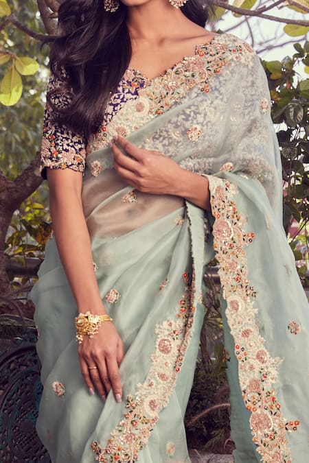 Shop_Prisho_Blue Organza, Silk Embroidery, Sequins, Floral And Zardozi Saree With Blouse _at_Aza_Fashions