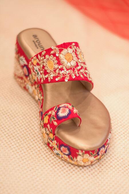 Shop_Around Always_Red Ahva Embroidered Potli And Wedges _at_Aza_Fashions