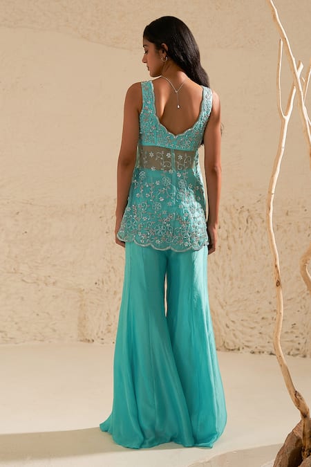 Shop Zoon Blue Crepe, Chiffon Cut Work, Embroidery, Beads Scoop Neck Kurta Sharara Set at Aza Fashions Shop_Zoon_Blue Crepe, Chiffon Cut Work, Embroidery, Beads Scoop Neck Kurta Sharara Set _at_Aza_Fashions