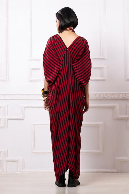 Shop Megha Garg Red Sequins V-neck Stripe Print Drape Kaftan Jumpsuit at Aza Fashions Shop_Megha Garg_Red Sequins V-neck Stripe Print Drape Kaftan Jumpsuit _at_Aza_Fashions