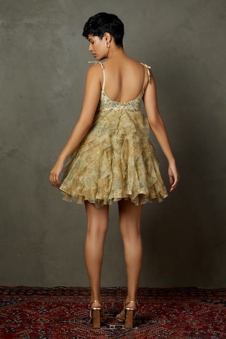 Shop_RI.Ritu Kumar_Beige Silk, Viscose Embroidery V-neck Aria Floral Ruffle Dress _at_Aza_Fashions