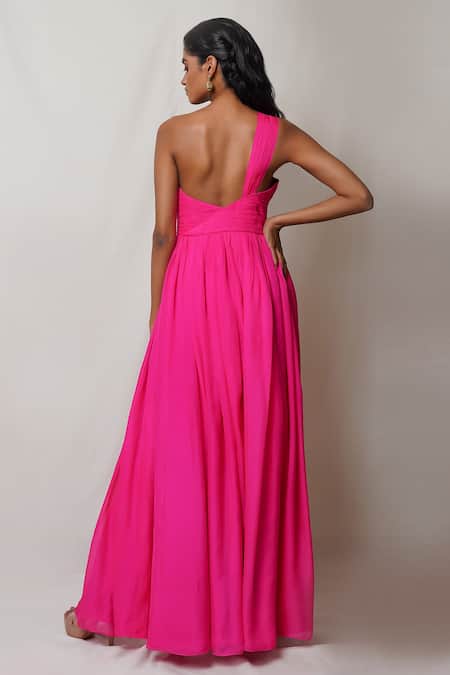 Shop Pinup By Astha Pink Chiffon, Crepe One Shoulder Pleated Gown at Aza Fashions Shop_Pinup By Astha_Pink Chiffon, Crepe One Shoulder Pleated Gown _at_Aza_Fashions