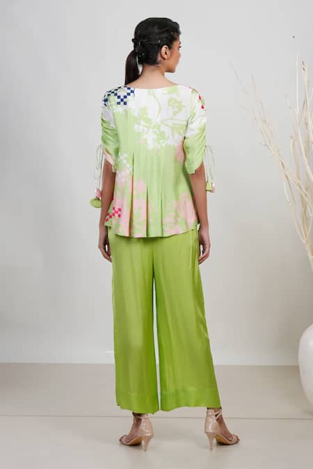 Shop_Garo_Green Modal, Satin Embroidery Round Floral Print Pleated Top And Flared Pant Set _at_Aza_Fashions