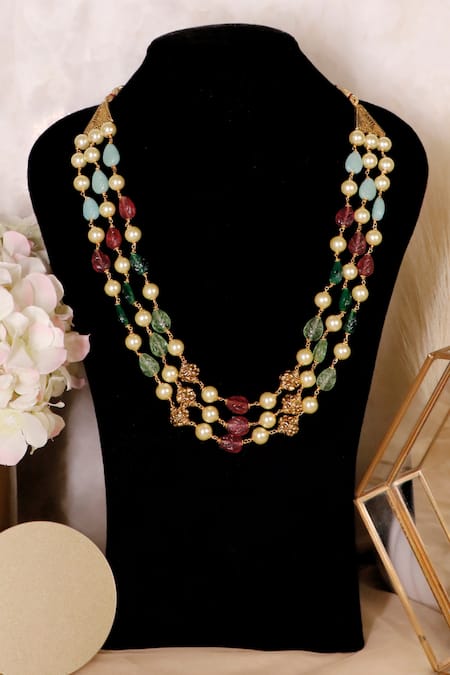 Ishhaara_Multi Color Triple Layered Beaded Necklace _at_Aza_Fashions