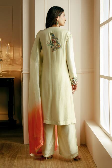 Shop Nehha Nhata Beige Silk, Organza Embroidery Round Neck Floral Hand Straight Kurta Set at Aza Fashions Shop_Nehha Nhata_Beige Silk, Organza Embroidery Round Neck Floral Hand Straight Kurta Set _at_Aza_Fashions