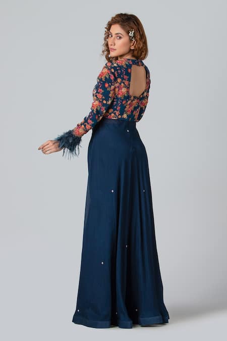 Shop_Suruchi Parakh_Blue And Georgette Beads & Thread, Asymmetric Hem Tunic & Skirt Set _at_Aza_Fashions