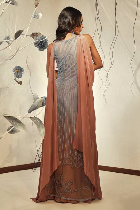 Shop_Babita Malkani_Blue Tulle, Silk, Crepe Sequins, Crystals, Ombre Long Jacket Flared Pant Set _at_Aza_Fashions