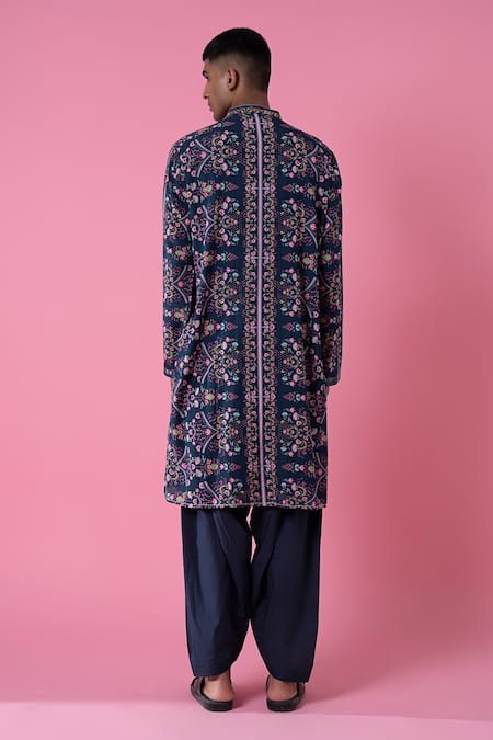 Shop_Siddhartha Bansal_Blue Cotton Dobby Stripe Printed Royal Chintz Kurta Set  _at_Aza_Fashions