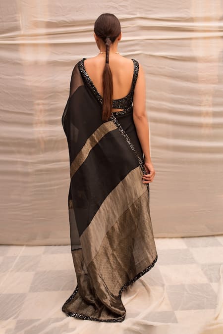 Priyanka Raajiv_Black Silk, Satin, Brocade, Cotton And Handwoven Dharmini Patch Saree With Blouse _Online_at_Aza_Fashions
