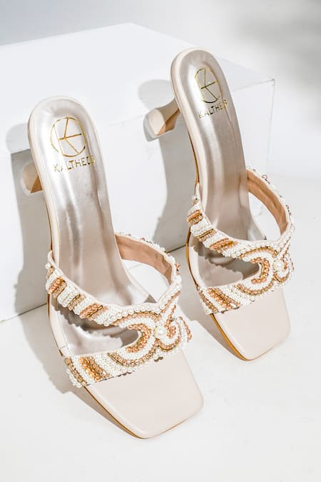 Shop_Kaltheos_Cream Embellished Pearls And Bead Hourglass Heels_at_Aza_Fashions