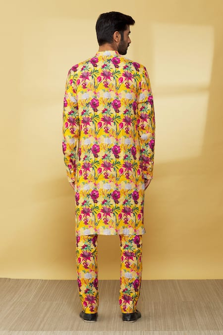 Shop MR. Ajay Kumar Yellow Linen Printed Floral Patterned Kurta And Pant Set at Aza Fashions Shop_MR. Ajay Kumar_Yellow Linen Printed Floral Patterned Kurta And Pant Set _at_Aza_Fashions