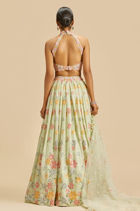 Shop_Nitika Gujral_Green Lehenga Georgette Embroidery Checkered Halter Neck Thread Blouse Set _at_Aza_Fashions