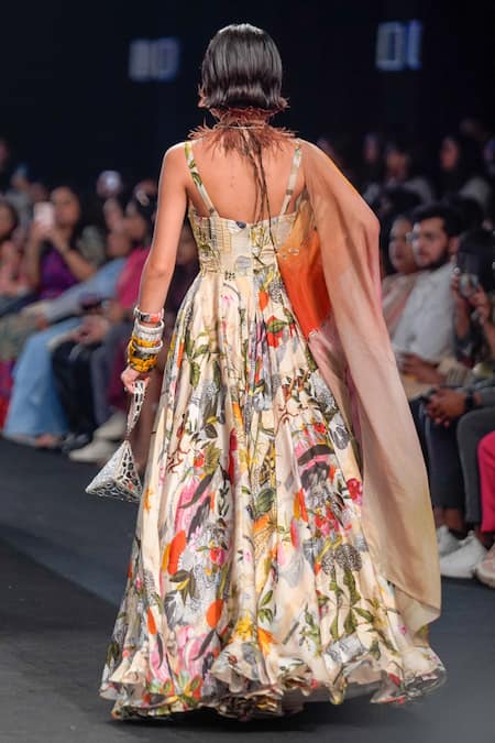 Shop Mahima Mahajan Ivory Organza, Satin Embroidery Sweetheart Flower Print Anarkali With Dupatta at Aza Fashions Shop_Mahima Mahajan_Ivory Organza, Satin Embroidery Sweetheart Flower Print Anarkali With Dupatta _at_Aza_Fashions