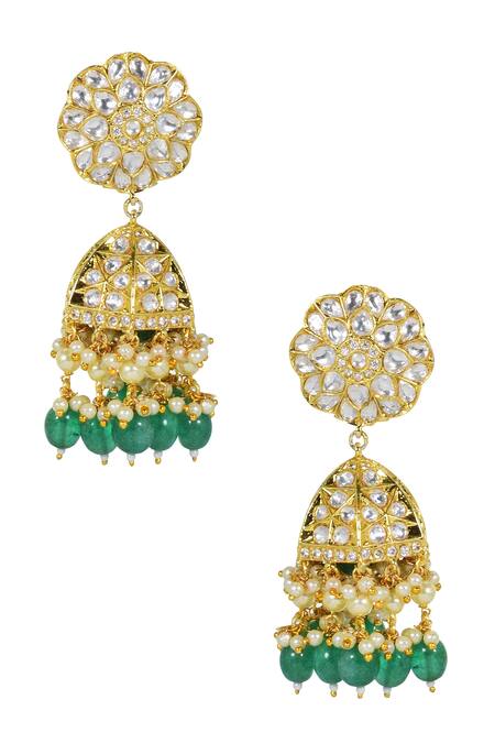 Shop Tizora Gold Plated Kundans Embellished Jhumkas at Aza Fashions Shop_Tizora_Gold Plated Kundans Embellished Jhumkas_at_Aza_Fashions