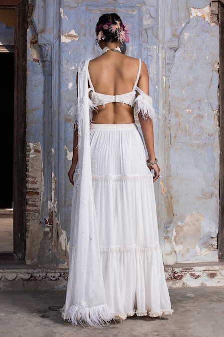 Nitika Gujral_Ivory Saree Georgette And Blouse Chiffon Embroidered Draped With Cold Shoulder _Online_at_Aza_Fashions