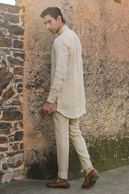 Shop_Raw & Rustic by Niti Bothra_Beige Linen Embroidery Textured Kurta _at_Aza_Fashions