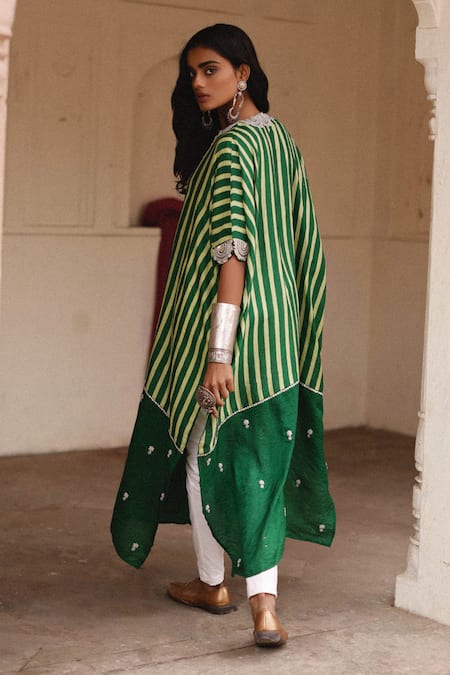 Shop Avacara Green Kaftan Silk Embroidered Marodi Striped Pattern And Pant Set at Aza Fashions Shop_Avacara_Green Kaftan Silk Embroidered Marodi Striped Pattern And Pant Set _at_Aza_Fashions