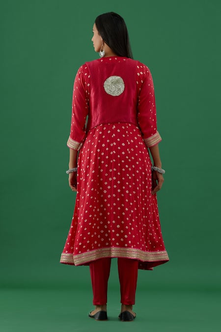 Shop 5elements Pink Modal Satin Woven Bandhani V Neck Pattern Anarkali Set With Pant at Aza Fashions Shop_5elements_Pink Modal Satin Woven Bandhani V Neck Pattern Anarkali Set With Pant _at_Aza_Fashions