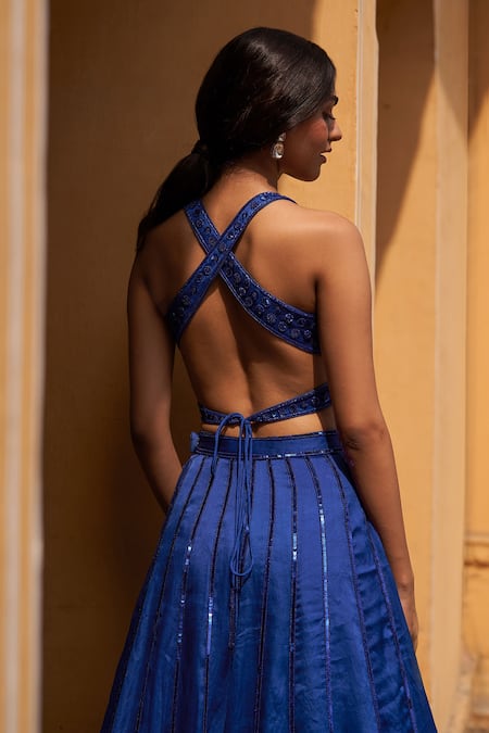 Shop Zoon Blue Net, Silk Sequins V-neck Embroidered Panelled Lehenga Set at Aza Fashions Shop_Zoon_Blue Net, Silk Sequins V-neck Embroidered Panelled Lehenga Set _at_Aza_Fashions
