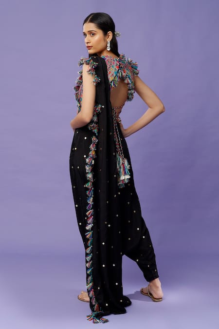 Shop_Payal Singhal_Black Silk, Georgette Mirrors, Tassels Round Mukaish Work Pant Saree With Blouse _at_Aza_Fashions