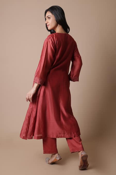 Shop_Rhua_Red Chanderi Silk, , Tissue, Satin, Nimai Placement Kurta Set _at_Aza_Fashions
