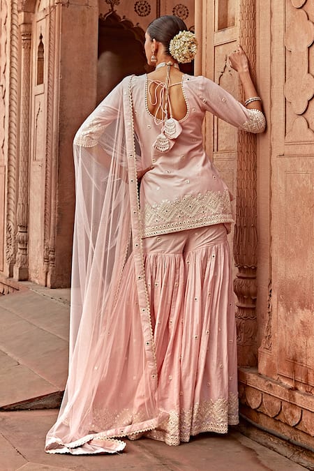 Shop Preevin Pink Cotton, Tulle Embroidery Round Neck Peplum Kurta And Sharara Set at Aza Fashions Shop_Preevin_Pink Cotton, Tulle Embroidery Round Neck Peplum Kurta And Sharara Set _at_Aza_Fashions