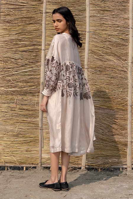 Shop Ayaka Ivory Viscose Embroidery Round Neck Pintuck And Block Print Dress at Aza Fashions Shop_Ayaka_Ivory Viscose Embroidery Round Neck Pintuck And Block Print Dress _at_Aza_Fashions