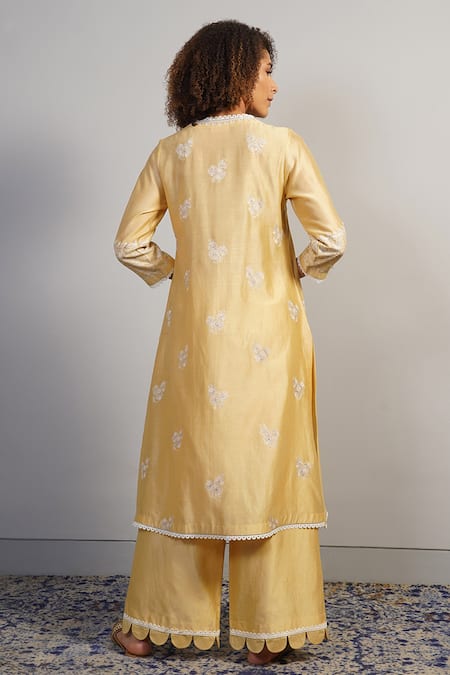 Shop Samant Chauhan Beige Cotton Silk Embroidered Aari V Neck Kurta And Pant Set at Aza Fashions Shop_Samant Chauhan_Beige Cotton Silk Embroidered Aari V Neck Kurta And Pant Set _at_Aza_Fashions