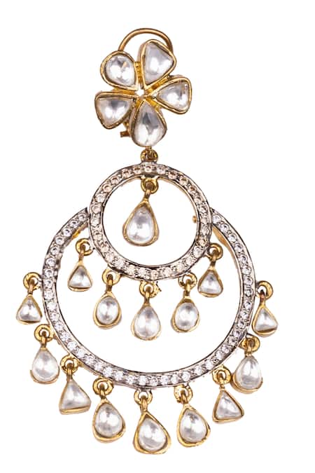 Shop Vasundhara Silver Plated Diamonds, Stones Floral Shaped Chandbalis at Aza Fashions Shop_Vasundhara_Silver Plated Diamonds, Stones Floral Shaped Chandbalis _at_Aza_Fashions
