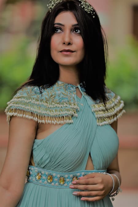 Shop Kanj By Priyanka A Sakhuja Blue Sequin, Pearl And Crystal Work Cape Round, Gown Margo With Embroidered at Aza Fashions Shop_Kanj By Priyanka A Sakhuja_Blue Sequin, Pearl And Crystal Work Cape Round, Gown Margo With Embroidered _at_Aza_Fashions