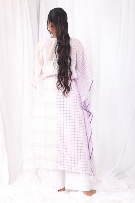 Shop Khat White Cotton Round Neck Striped Pattern Dress at Aza Fashions Shop_Khat_White Cotton Round Neck Striped Pattern Dress _at_Aza_Fashions