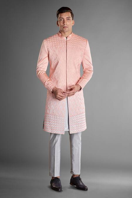 Shop More Mischief Peach Silk, Linen Ombre Full Sleeve Sherwani at Aza Fashions Shop_More Mischief_Peach Silk, Linen Ombre Full Sleeve Sherwani_at_Aza_Fashions
