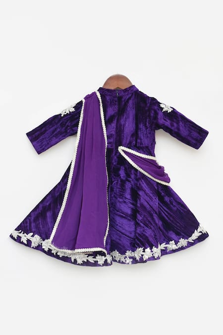 Shop_Fayon Kids_Purple Velvet Tassels, Sequins, Pom-poms Zardozi Floral Work Anarkali _at_Aza_Fashions