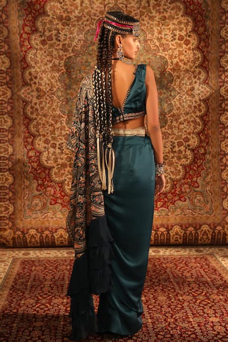 Shop_Aditi Gupta_Green Satin Woven And Embroidered Jamawar Pallu Pre-draped Saree With Blouse _at_Aza_Fashions