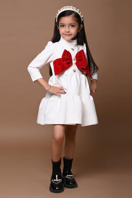 Shop Hoity Moppet White Velvet, Crepe, Satin Bows, Embroidery Tiered Dress at Aza Fashions Shop_Hoity Moppet_White Velvet, Crepe, Satin Bows, Embroidery Tiered Dress _at_Aza_Fashions