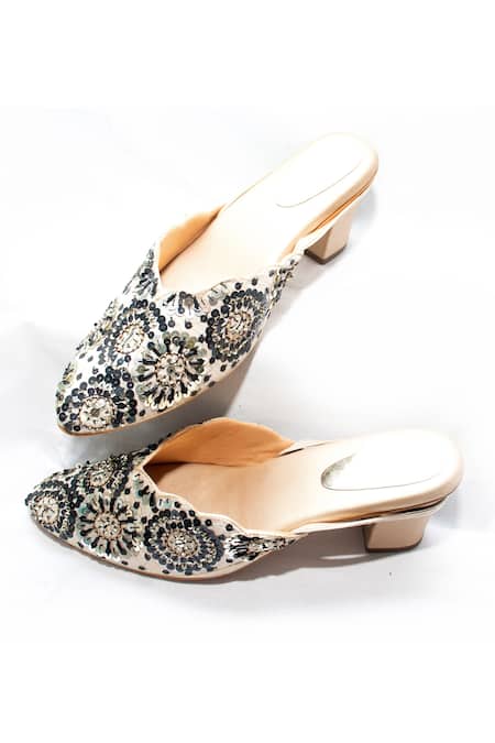 Shop Foot Fuel Cream Embroidery Hugable Mule Block Heels at Aza Fashions Shop_Foot Fuel_Cream Embroidery Hugable Mule Block Heels _at_Aza_Fashions